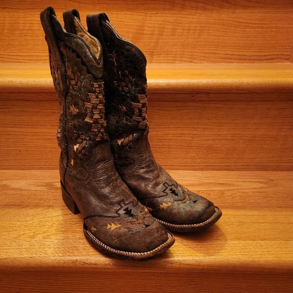 Corral Shoes - Womens Corral Leather Cango Tobacco Laser Woven Western Boots Size 6.5 M